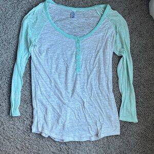 Aqua and White Women's Long Sleeve Henley Top